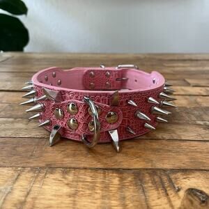 Pink Spiked Dog Collar Faux Croc Leather Medium Large 2" Wide
